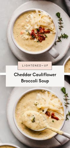 two bowls filled with cheddar cauliflower broccoli soup