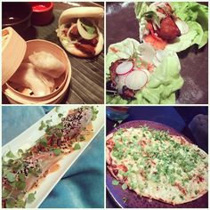 four different pictures of food including pizza and salad