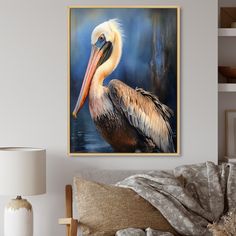 a painting of a pelican is hanging on the wall