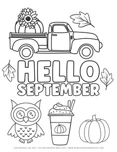 a coloring page with the words hello, november and an owl in front of it