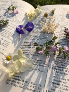 an open book with flowers laying on top of it