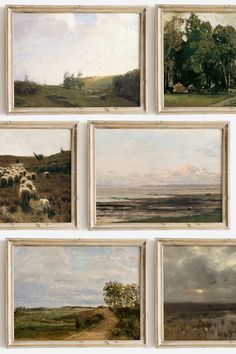 six paintings of sheep grazing in a field