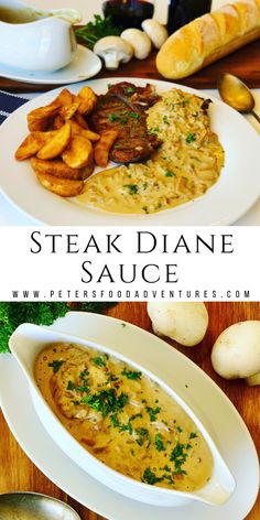 steak, potatoes and sauce on a plate with the words steak diane sauce over it