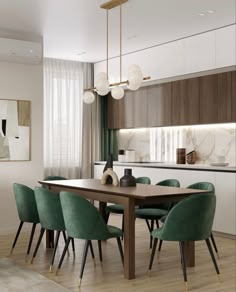 a dining room table with green chairs around it