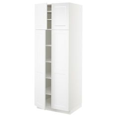 a tall white cabinet with doors and shelves