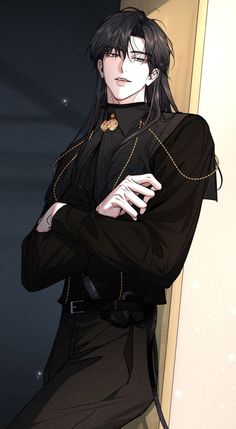 an anime character with long black hair wearing a black outfit and holding his arms crossed