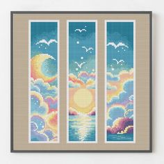 two cross stitch bookmarks with the sun and clouds