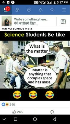 a cell phone with an image of two men talking to each other and the caption reads science students be like what is the matter