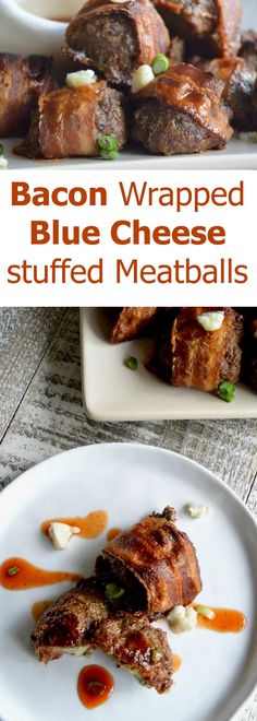 bacon wrapped blue cheese stuffed meatballs on a plate