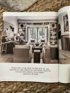 an open magazine with a living room and dining room in the background on top of a rug