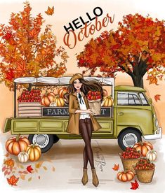 a woman is standing in front of a truck with pumpkins and apples on it