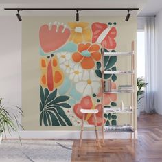 an abstract floral wall mural in a living room