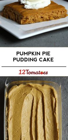 pumpkin pie pudding cake with cream cheese frosting in a pan and on a plate