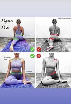 a woman sitting on top of a yoga mat in four different poses, with instructions