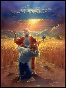 a painting of a man kneeling down next to a child in front of a wheatfield