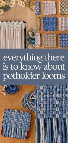 potholder looms in different sizes on a wood table, mixed with completed potholders in earthy tones Potholder Loom Projects, Woven Potholder Patterns, Pin Loom Weaving Projects, Pot Holder Loom, Kids Weaving Projects