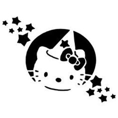 a black and white image of a hello kitty with stars around her head, in the shape of a circle