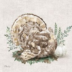 a painting of a turkey with leaves and acorns on it's side