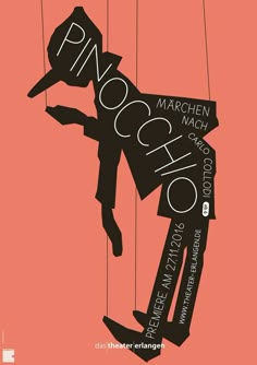 a poster with the words pinocchio hanging from strings in front of an orange background