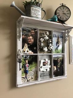 an old window is filled with pictures and other things