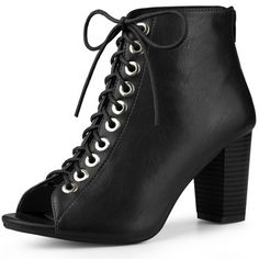 These chic peep toe booties are designed with a front lace-up, and back zipper and feature a block heel for a contemporary update. And they can allow the toes to move comfortably. Lace Up Ankle Boots; Peep Toe; Block Heel; Back Zip; Vamp: PU; Outsole: Rubber; Heel: ABS; Heel Height: 3 1/7 inches; Shaft Height: 3 8/9 inches. Chunky Ankle Boots, Heel Stretch, Peep Toe Booties, Chunky Heel Ankle Boots, Western Ankle Boots, Buckle Ankle Boots, Shoes Boots Ankle, Ankle Boots Black, Peep Toe Shoes