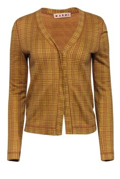 Current Boutique-Marni - Yellow & Light Brown Plaid Button-Up Cotton Cardigan Sz 6 Spring Preppy Workwear Sweater, Classic Yellow Sweater For Fall, Plaid Cardigan For Workwear In Fall, Preppy Fall Cardigan For Work, Yellow Spring Workwear Cardigan, Preppy Fall Cardigan For Workwear, Fall Preppy Workwear Cardigan, Plaid Cotton Cardigan For Spring, Yellow Cardigan For Fall Layering