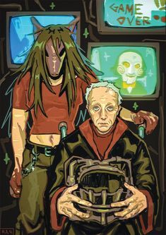 an old man sitting in front of a computer monitor next to a creepy alien character