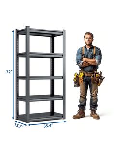 a man standing in front of a shelf with his arms crossed and tools on it