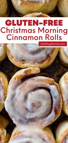 gluten - free christmas morning cinnamon rolls with frosting on top and bottom