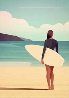 a woman standing on the beach with a surfboard in her hand and looking out at the ocean