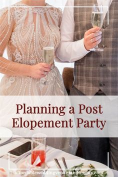 a man and woman standing next to each other at a dinner table with champagne glasses