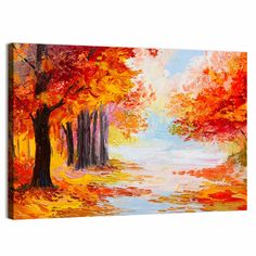 an oil painting on canvas of colorful autumn trees