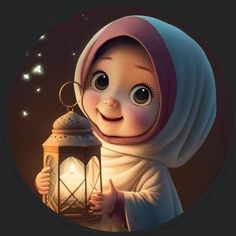 a cartoon character holding a lantern with a smile on its face and wearing a headscarf