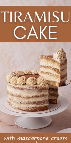 there is a cake with white frosting on it and the title reads, how to make a tiramus cake with mascarpone cream