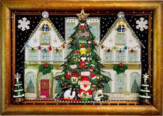 a decorated christmas tree in front of a house with santa claus and other holiday decorations