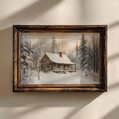 a painting of a log cabin in the snow