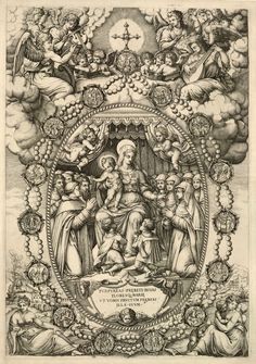 the virgin and child surrounded by angels in an ornate frame, with clouds above them