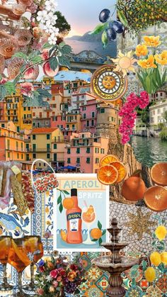 a collage with oranges, flowers and other things in the middle of it