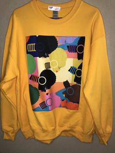 Material: 60/40 polyester/cotton Long Sleeve Multi-color print fabric Gold Yellow Crew Neck Unisex Graphic Sweatshirt Outfit, Business Prayer, Oversized Street Style, Hot Pink Sweatshirt, Outfit Upgrade, Chill Fits, Effortlessly Chic Outfits, Yellow Sweatshirt, Cute Skirt