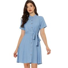 The classic design and button-front details make this dress versatile for day-to-night wear. The fitted silhouette and denim fabric give it a timeless appeal, perfect for a casual summer day or transitioning from work to an evening out. Pair it with stylish accessories and high heels for a chic casual look. This dress is suitable for various occasions including home, daily wear, casual outings, and office settings. It features a button-down front, waist tie belt, crew neck, and short sleeves. Short Sleeve Denim Dress, Short Sleeve Denim Shirt, Short Sleeve Denim, Black Sleeveless Midi Dress, Black Pleated Dress, Linen Tunic Dress, Dress Light Blue, Green Lace Dresses, Flair Dress