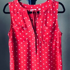 Ny&Co Sleeveless Salmon And White Polka Dot Tie Front Blouse. Double Front Pockets. 20” Arm To Arm/Chest New With Tags. Casual Sleeveless Workwear Blouse, Red Sleeveless Summer Blouse, Sleeveless Red Summer Blouse, Sleeveless Red Blouse For Summer, Red Sleeveless Blouse For Day Out, Sleeveless Red Blouse For Day Out, Polka Dot Tie, Tie Front Blouse, White Polka Dot