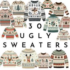 the ugly sweaters book is shown in several different colors and patterns, including deers