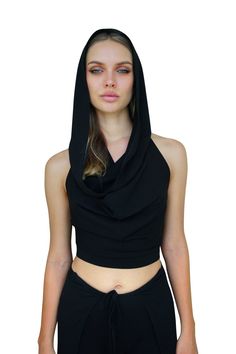 Cyprus Cowl Neck Halter Top from Ekoluxe sustainable loungewear brand Black Cowl Neck Top For Night Out, Black Cowl Neck Top For Spring, Black Spring Cowl Neck Tops, Versatile Fitted Cowl Neck Top, Black Cowl Neck Top For Party, Black Draped Stretch Top, Black Stretch Draped Top, Versatile Fitted Draped Top, Black Fitted Top With Cowl Back