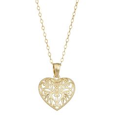 "Intricate scroll work and rope details give this 10k gold heart pendant a distinctive look you'll love. Intricate scroll work and rope details give this 10k gold heart pendant a distinctive look you'll love. Pendant size: 18 mm x 14 mm Chain length: 18 in. Chain type: cable Metal: 10k gold Finish: polished Additional details: 14k gold filled chain Packaging: boxed Please note, due to the high value of this item, a signature may be required upon delivery. Size: 18"". Color: Multicolor. Gender: f Valentine's Day Gold Necklace With Intricate Design, Ornate Gold Heart Pendant Necklace, Heart Pendant Necklaces With Intricate Design For Valentine's Day, Gold Filigree Heart Necklace, Gold Heart Filigree Necklace, Ornate Gold Necklaces For Valentine's Day, Ornate Gold Jewelry With Heart Charm, Ornate Gold Necklace For Valentine's Day, Valentine's Day Necklaces With Heart Pendant And Intricate Design