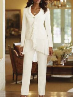 Two Piece Pantsuit / Jumpsuit Mother of the Bride Dress Plus Size Elegant V Neck Floor Length Chiffon Long Sleeve with Ruffles 2022 7648924 2022 – $132.99 Bride Pantsuit, Woman Suit, Formal Wedding Guests, Bride Gown, White Long Sleeves, Fall Wedding Guest, Fall Wedding Guest Dress, Two Piece Jumpsuit, Corded Lace