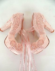 "Blush embellished lace wedding shoes for bride and bridesmaids, with pearls and ribbons. Feel yourself like a princess and stay comfortable all night long in these shoes on your fairy-tale wedding! Custom wedding gift, personalized engagement gift, bridesmaids shoes. Blush bridal shoes are designed with embroidered lace. Glass beads, shiny sequins and small pearls are used on the embroidery. Organza ribbons tie on the front. Custom details can be added on this design, soles can be personalized Blush Bridal Shoes, Lace Wedding Shoes, Wedding Shoes For Bride, Bridesmaids Shoes, Shoes For Bride, Fairy Shoes, Personalized Engagement Gifts, Heels Aesthetic, Dress Pictures