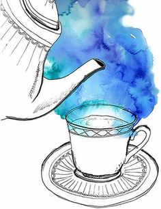 a drawing of a teapot pouring water into a cup on top of a saucer