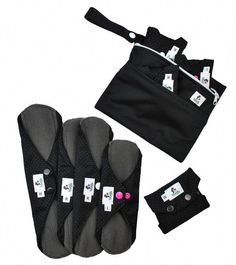 Reusable Sanitary Pads Anti-Slip Starter Set - All Black PUL with silicone dots that make the fabric anti-slip (the inside the pad is a normal PUL fabric and the silicone dots will not touch your skin) All Sets come with a double pocket wet bag Pul Fabric, Period Pads, Laminated Fabric, Washing Powder, Cloth Pads, Wet Bag