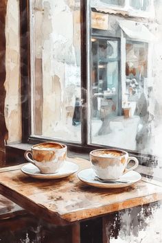 two coffee cups sitting on top of a wooden table