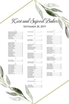 a wedding seating chart with green leaves on the side and gold trimmings around it